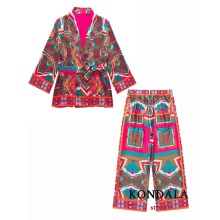 Vintage Red Flower Print 3 Piece Women Suits V Neck Long Sleeve Sashes Blazer+High Waist Wide Leg Pants Set