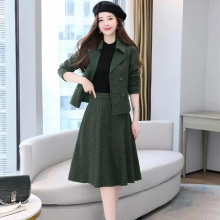 Autumn Winter Woolen Plaid Suit Coat Midi Skirt Two-piece Womens Vintage Blazer Jacket Dress Set