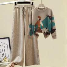 Plus Size Winter Womens Tracksuit Cartoon Printed Sweater Pullover + Wide Leg Pants Two Piece Pants Sets Woman Knitted Suit