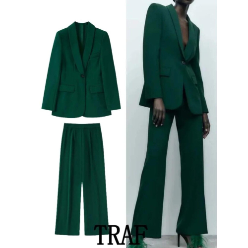TRAF Women 2 Pieces Sets Pocket Blazer Office Single Button Jacket + Drape Long Pant Commute Causal Sets 1