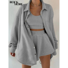 Rockmore Tracksuit Three Piece Set Women Oversize Hoodies Sweatshirt Sweatpants Joggers Short Pant Suits Femme Outfits Sweatsuit