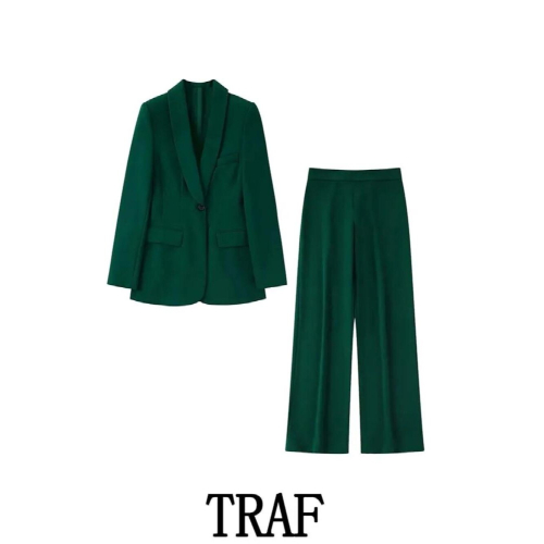 TRAF Women 2 Pieces Sets Pocket Blazer Office Single Button Jacket + Drape Long Pant Commute Causal Sets 2