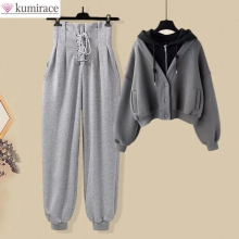 Winter Plush Thickened Hoodie Jacket Personality Lace Up Casual Pants Two Piece Womens Pants Set