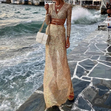 Sexy Slim Lace-Up Hollow Out Sequin Tops + Long Skirts Two Piece Set Women Cocktail Party Holiday Suits