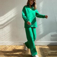 Casual Women Fleece Two Piece Sets Loose Lapel Zipper Polo Top And Split Trouser Suits Autumn Winter Sports Tracksuit