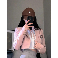 Pink Preppy Suit Jacket Office Lady Womens Spring Short Blazer Top + Gray Skirt + Blouse Girls Group Style 3pcs Suit
