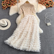 Autumn Winter Christmas Two Piece Knitted Sets Beading Stand Collar Short Sleeve Top + Ball Gown Skirt Woman Sets Suits M69521