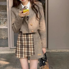 Uniform Female Set Blazer Mini Skirt Two-piece Preppy Khaki Student Suit V-neck Plaid Stitch Office Ladies Clothes
