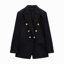 Fall womens casual commuter pinstripe double-breasted suit jacket + same fabric waist trousers suit