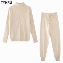 Autumn Winter Womens tracksuit Solid Striped Turtleneck Sweater and Elastic Trousers Suits Knitted Two Piece Set