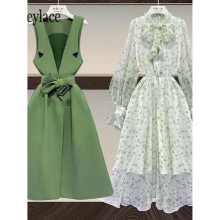 Women Suit Long Vest Jacket Coat Top And Floral Print Chiffon Dress Two Piece Set Outfit Office Ladies Cloths