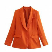 KJMYYX Spring Women Orange Long Suit 2 Piece Set One Button Jacket Ladies Casual Office Blazer+Straight Pants