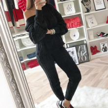 Casual Solid Warm Knitted Women Set Two Pieces Sexy O-neck Sweater Trousers Tracksuit Winter Lady Outfits Slim