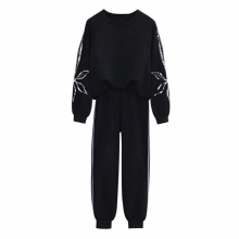 Sweatshirt Set Spring Long Sleeve Large Size Women Hollow Embroidered Loose Top and Pants Sports 2-piece Suit cloth
