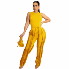 Womens Tracksuit Tank Top and Tassel Side Straight Pants Suit Streetwear INS Two 2 Piece Set Outfits