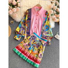 Spring Temperament Exotic Print Lapel Puff Sleeve Shirt Female High Waist Slim Slim Skirt Suit C597