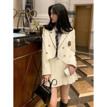 Women Preppy Style Blazer Skirt Set 2pcs Sets Autumn Winter Uniform Pleated Skirt +Short Suit Jacket Setup