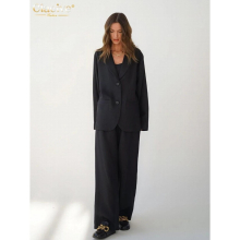 Long Sleeve Blazer Womens Two Piece Set Casual Elastic Waist Office Pants Set Streetwear Loose Trouser Suits