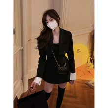 Winter Two Piece Dress Set Women Blazer Coat+Strap Dress Set Female Casual Slim Dress Suit
