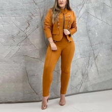 Work Wear Two Piece Suit Sets Summer Women Solid Long Sleeve Double Breasted Blazer & Long Casual Pants Set