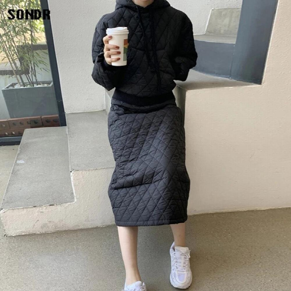 Suit Autumn Winter Diamond Lattice Hooded Quilted Sweatshirt + High Waist A-Line Long Skirt Two-Piece Female-image-OPC-PCQP2ZY-NEW