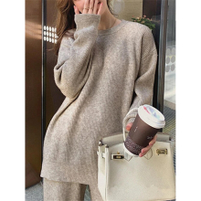 Autumn Winter 2 Pieces Womens Sets Knitting Tracksuit O-Neck Split Sweater and Loose Wide Leg Pants Pullover Suits