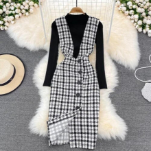 Office Lady Dress Two-piece Suit Woman Woolen Plaid Singel Breasted Dresses + Slim Sweater Tops Dress Sets 2 Pcs Outfits