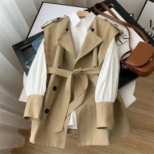 Office Ladies Temperament Top 2pcs Sets Tie Waist Trench Coat Vest +White Shirt Stitching Sleeves Women Suit