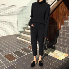 Womens suit Knitted 2 pieces Set Tracksuits Women Autumn Thick Warm O-neck Loose Sweater+Ankle-Length Pants Warm Cashmere Suit