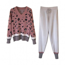 Fall Winter Warm Knit 2 Piece Set Women Oversized Sweater Tracksuits Autumn Diamond Pullovers Top + Knit Harem Pants Suits