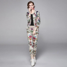 Two Piece Set Women Autumn Winter Tracksuit Long Sleeve Floral Zipper Jacket Coat Top + Long Pants Set