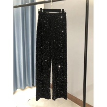 Womens sequins pants loose waist casual wide leg pants slim British pants
