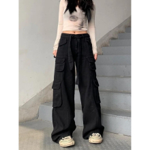 (Black Beige-L) Harajuku Gray Cargo Jeans Women Y2K Hip Hop 90s Vintage Streetwear Wide Leg Pants Oversize Pocket Joggers Sweatpants