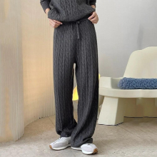 Woman Wide Leg Pants Kniited Drawstring Long Length Hemp Pattern Thickened Loose Casual Style Autumn