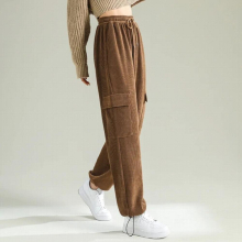 Cargo Trousers Corduroy Casual Pants Women Autumn Drawstring Chenille Straight Loose Elastic Waist Wide Leg Pants