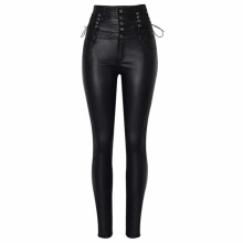 Womens Leggings Womens High-waisted Breasted Ties With Decorative Coating Leather Pants Stretch Denim Pants PU