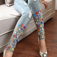 Spring Autumn Diamond Boyfriend Vintage Women Hole Jeans Female Skinny Stretch Jean Vintage Ladies Pencil pants