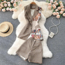 Women Plaid Waistcoat Short Pants Suits Sleeveless Embroidery Vest Tops Wide Leg Trousers Sets Vestidos