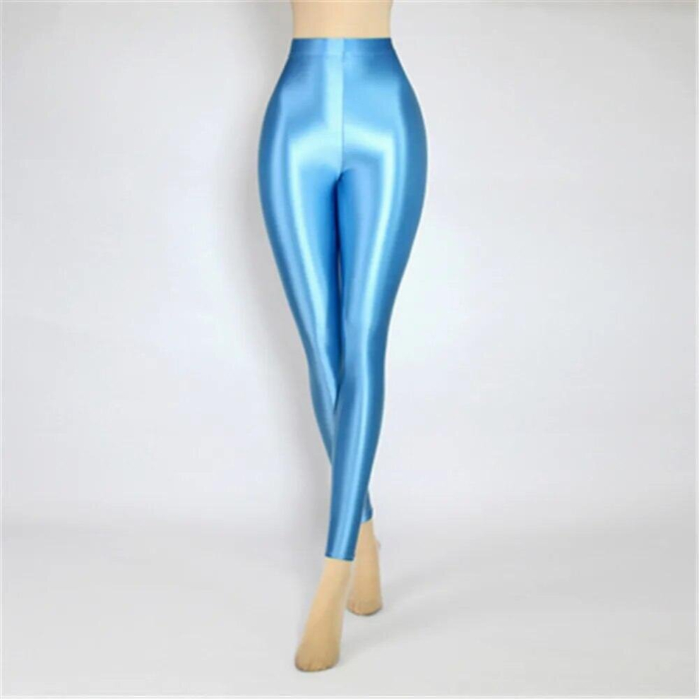 (bingbing blue Beige-L) Sexy Satin Glossy High Waist Sport Women Fitness Yoga Pants Tights Leggings High Elastic glossy pants