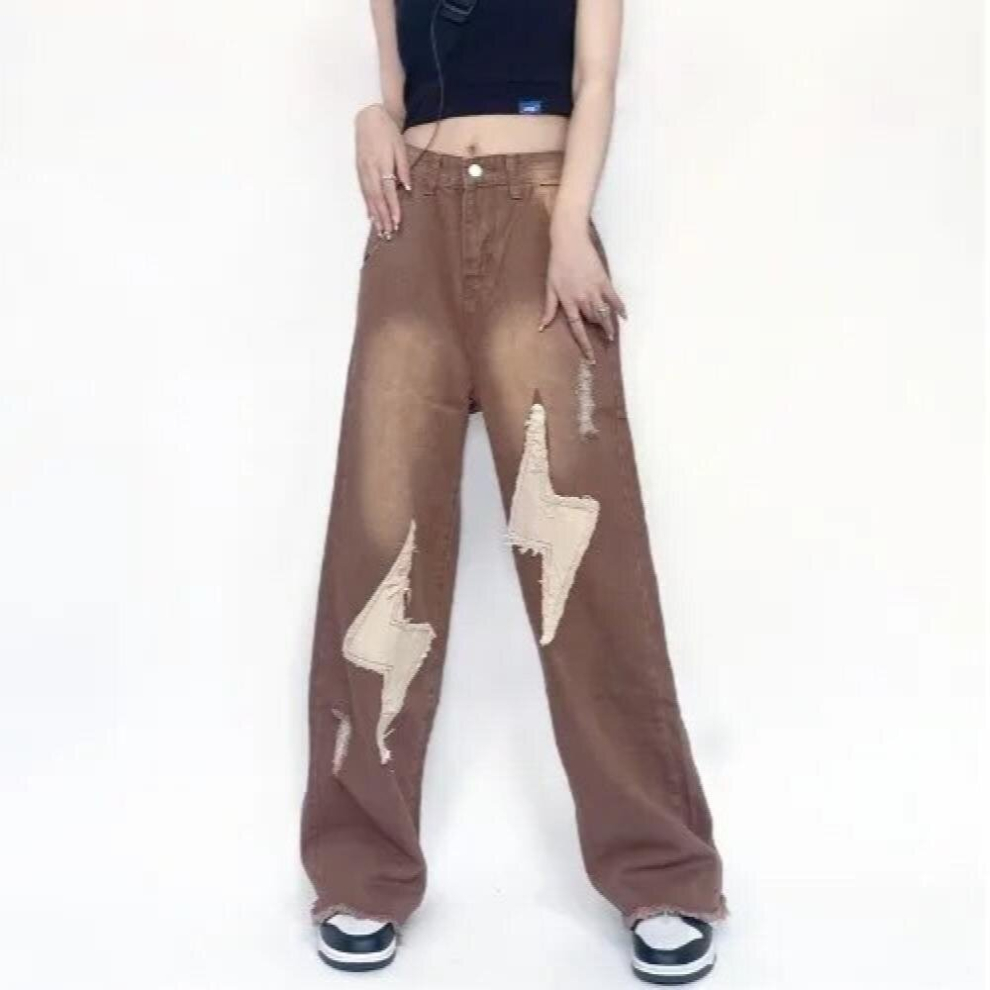 (brown Beige-XL) Harajpoo Goth High-waisted Slim Jeans Women Autumn American Retro Washed Gradient Straight Drape Trousers Loose Wide-leg Pants-image-OPC-PCQP5R6-NEW