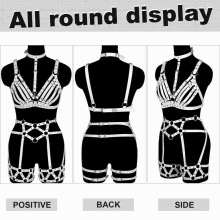 Goth Punk 2pc Sexy Lingerie Stockings Garter Cage Bands Thigh Adjust Suspender PU Leather Body Bdsm Harness Waist Belt