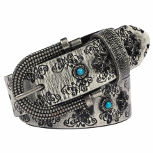 (Ta-weo) Women Retro Embossed Rivet Leather Belt, Turquoise Inlaid High-end Ethnic Style Personality Wild Belts