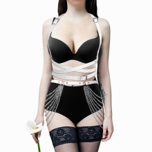 Pu Leather Belt Punk Gothic Harajuku Harness Apparel Metal Chain Garter Accessories Women Sexy Lingerie Set Hollow Bra