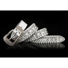 Women Leather Belt Bling Crystal Rhinestone Studded Hollow Out Waistband Strap 200-A834