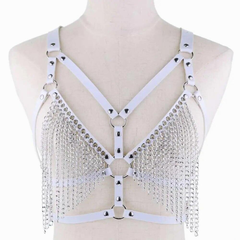 White Sexy Women Pu Leather Chain Harness Body Bra Chest Belt Goth Punk Chain Necklace Belts Top Cage Bondage Jewelry