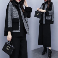 Single Piece/Set Women2022New Coat Autumn Winter Woolen Two-Piece Plaid Jacket Wide Leg Pants Suit Female Top