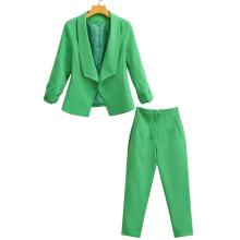 Aonibeier Autumn Women Jacket Suits Traf Ruched Sleeves Open Stitch Blazers + Ankle Pants Female OL Style 2 Piece Sets Thin
