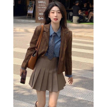 Women Suit Blazer +Skirt + Shirt 3 Pieces Set Uniform Brown Preppy Suits Crop Top Streetwear Party Skinny Clothes Woman