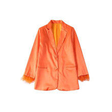 Satin Feather Blazer Pants 2 Piece Set Women Long Sleeve Tops And Wide Leg Pants Suit Office Ladies Outfits