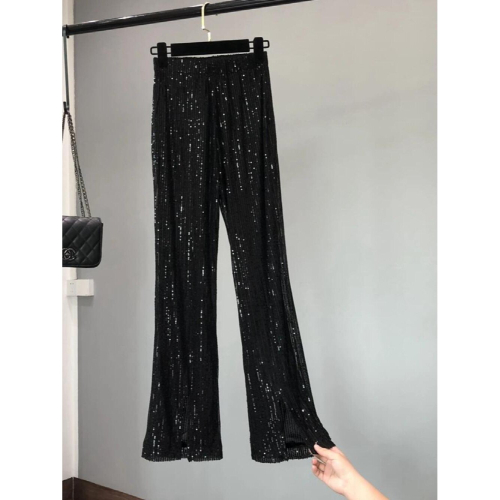 Womens products glistening long length pants slimming bell pants slit ...